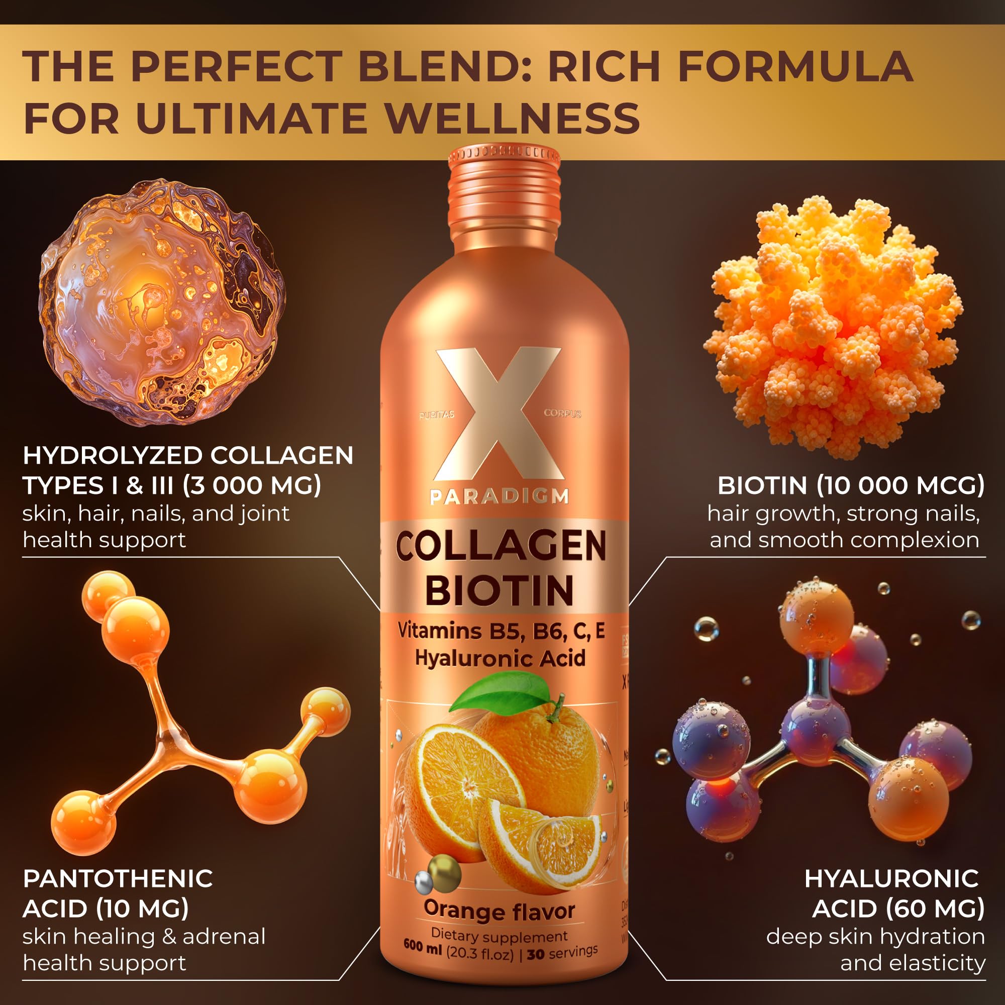 XParadigm Puritas Corpus close-up shows hydrolyzed collagen peptides and hyaluronic acid.