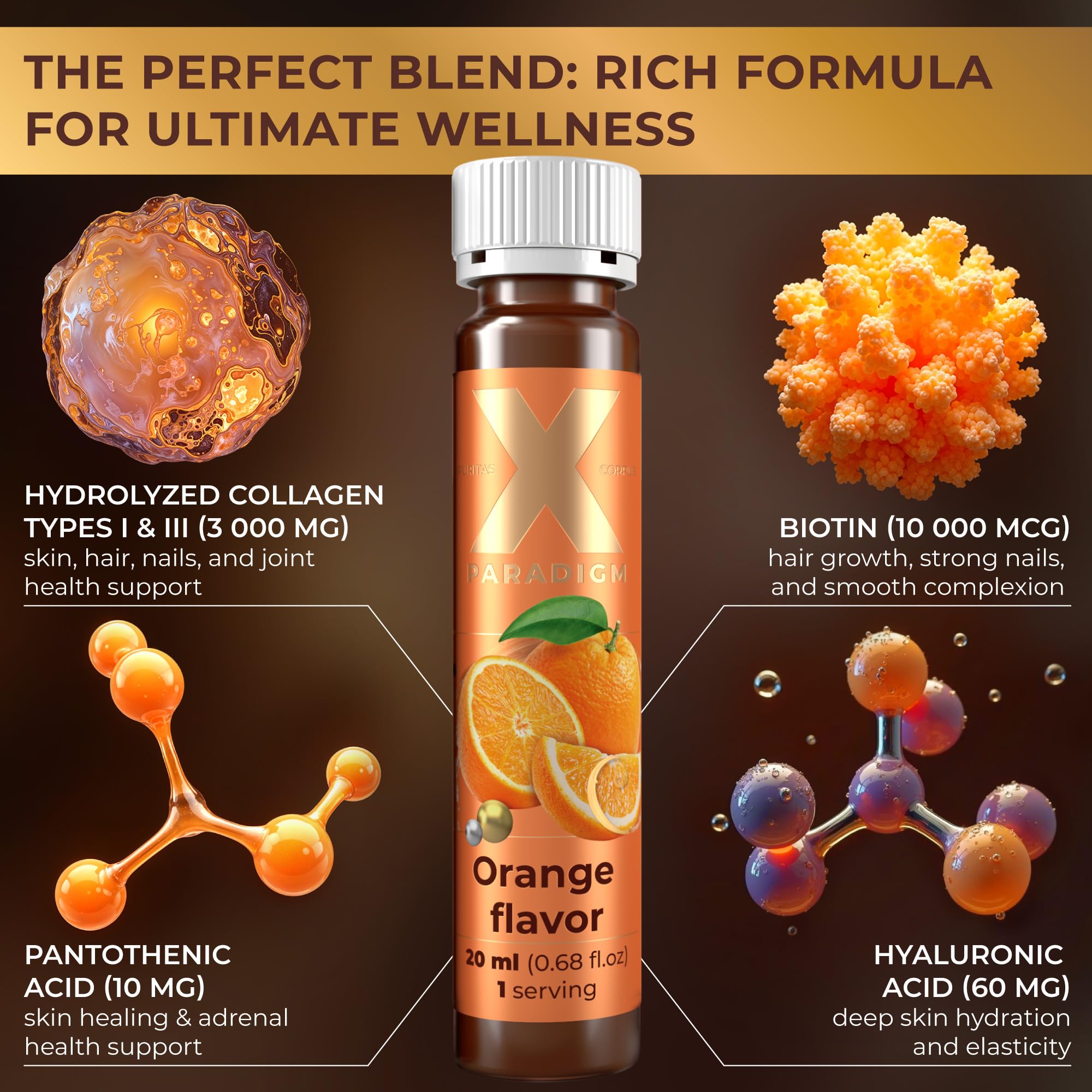 XParadigm Puritas Corpus pour shot highlighting orange flavor and convenience.