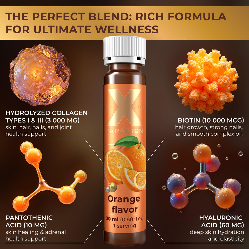 XParadigm Puritas Corpus pour shot highlighting orange flavor and convenience.