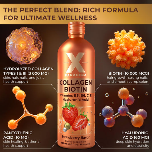 XParadigm Puritas Corpus strawberry liquid collagen bottle being poured for a quick routine