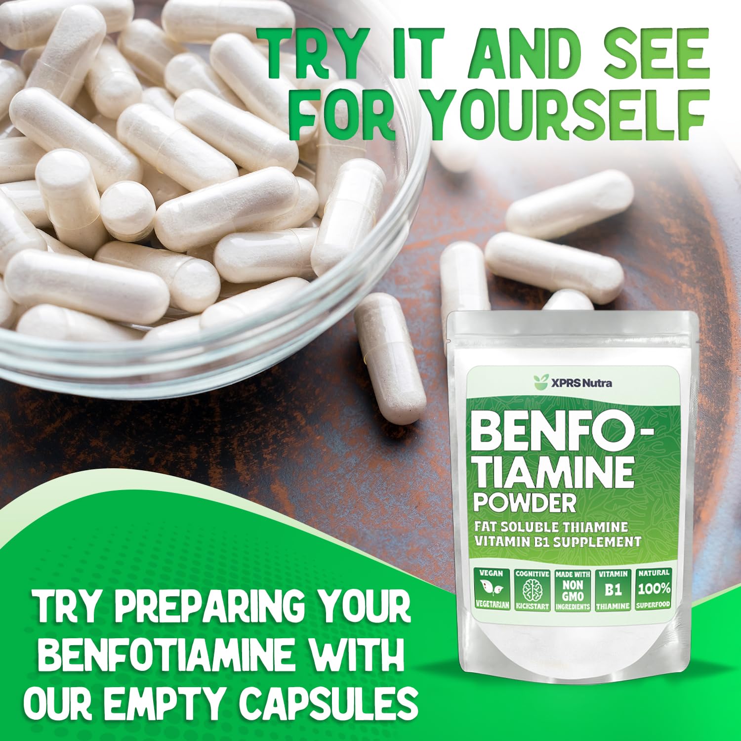 XPRS Nutra Benfotiamine powder label showing vegan-friendly formulation.