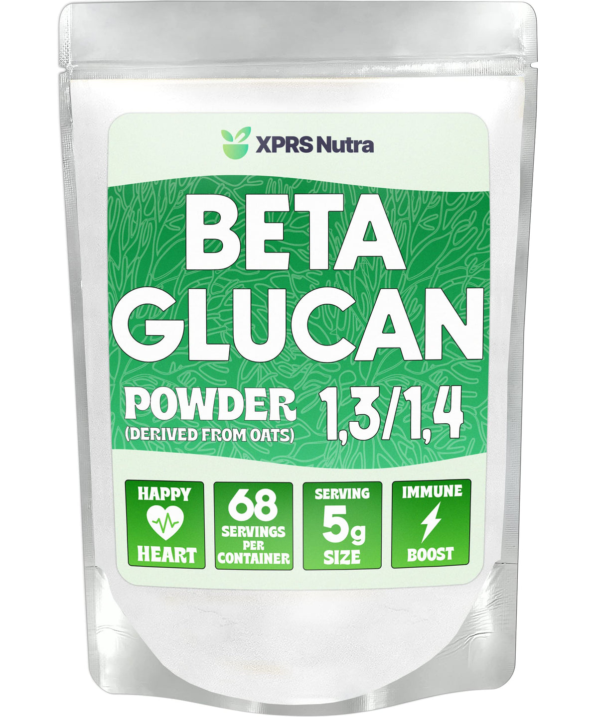 XPRS Nutra Beta Glucan Powder bottle with unflavored oat beta glucan for daily use, supporting digestive comfort.