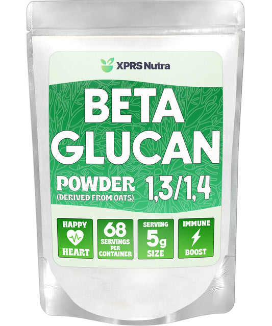 XPRS Nutra Beta Glucan Powder bottle with unflavored oat beta glucan for daily use, supporting digestive comfort.
