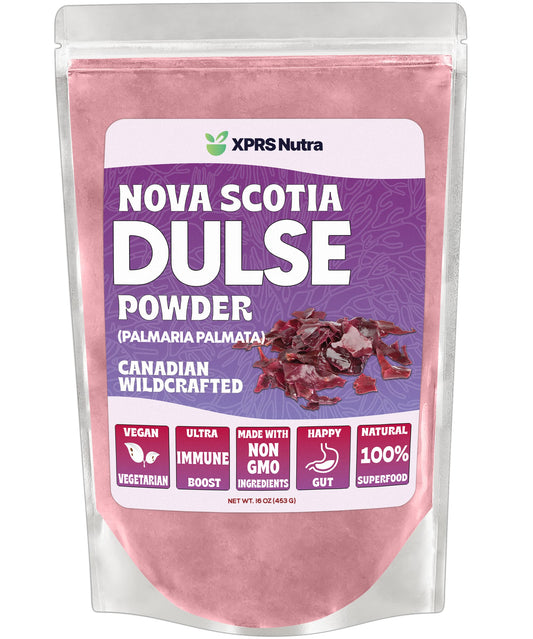 XPRS Nutra Dulse Powder bag front showing pure Nova Scotia seaweed for shakes