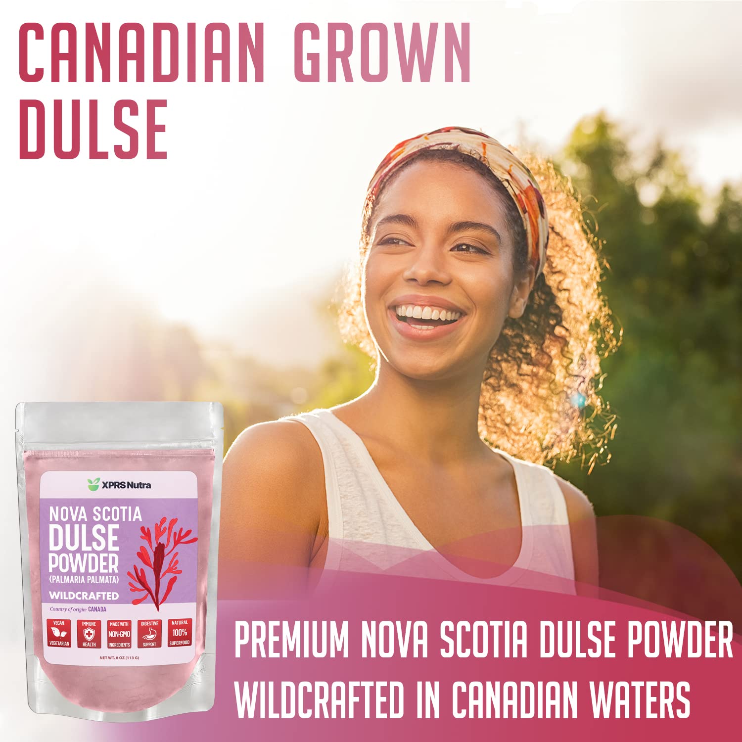 XPRS Nutra Dulse Powder being poured, ideal for shakes and soups
