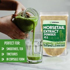 XPRS Nutra Horsetail 16oz bag showcases vegan, low-calorie supplement for routines.