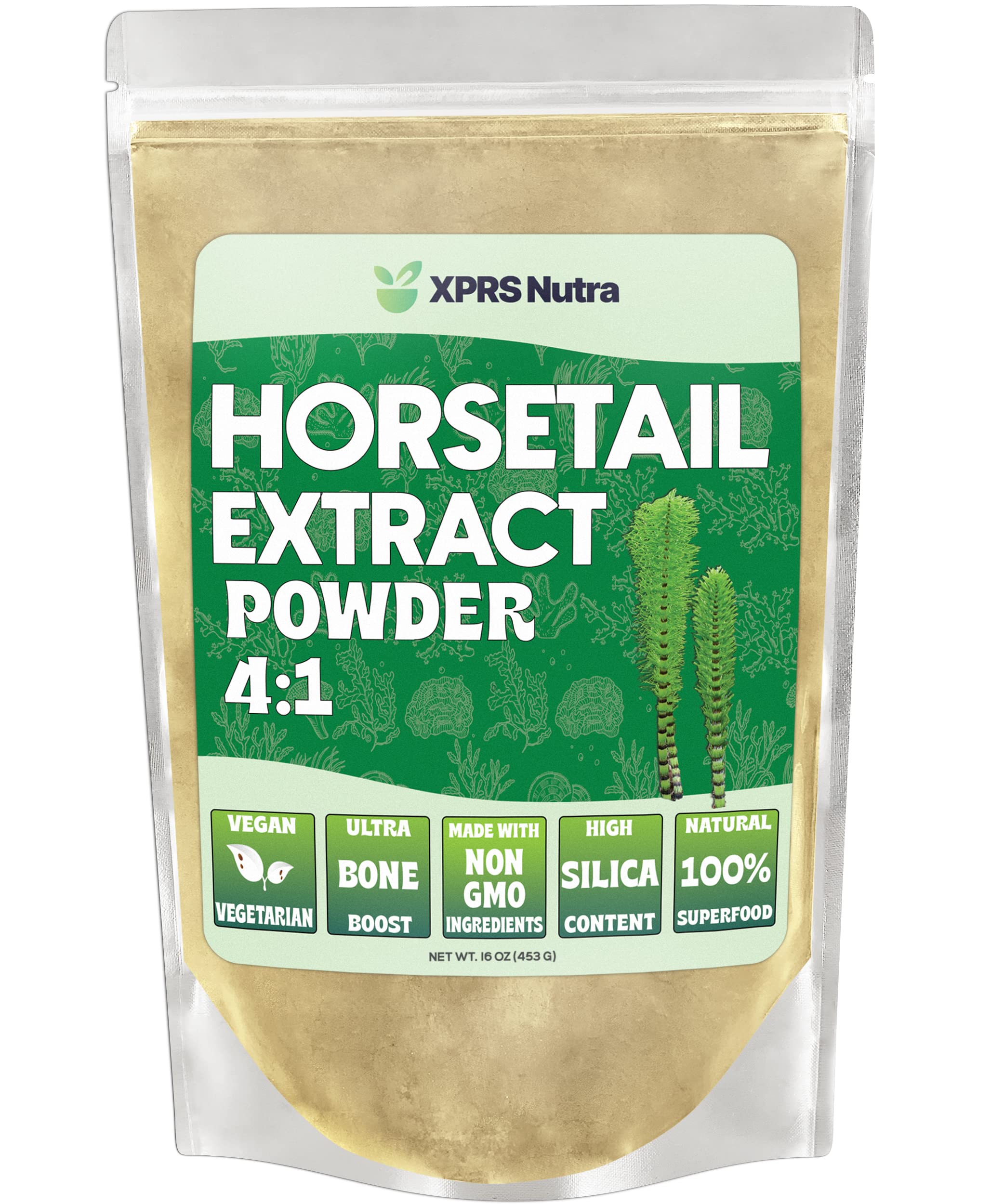 XPRS Nutra Horsetail Extract Powder bottle highlights high silica content for hair and nails.