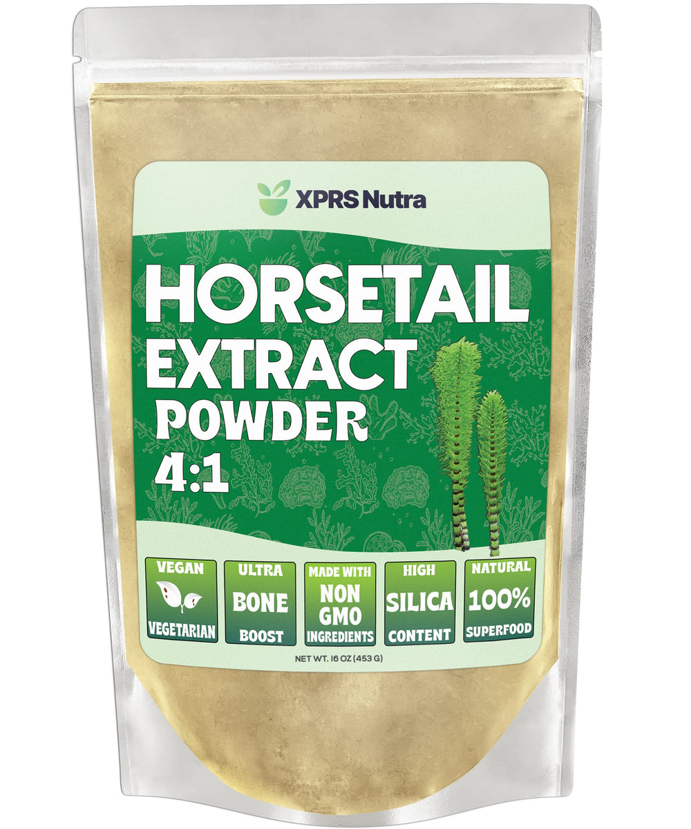 XPRS Nutra Horsetail Extract Powder bottle highlights high silica content for hair and nails.