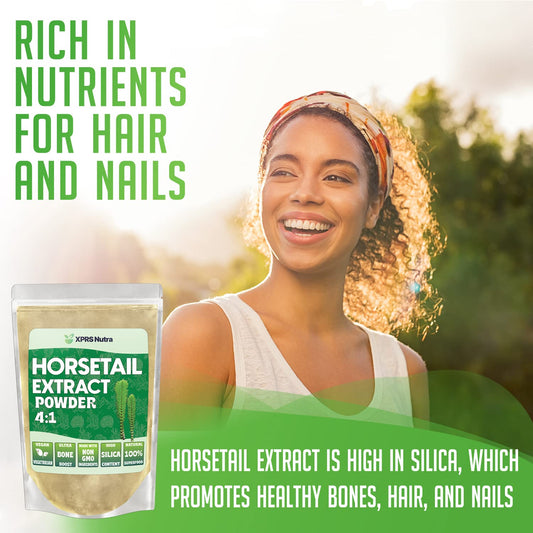 XPRS Nutra Horsetail Extract powder pour demonstrates convenient, mixable formula for daily shakes.