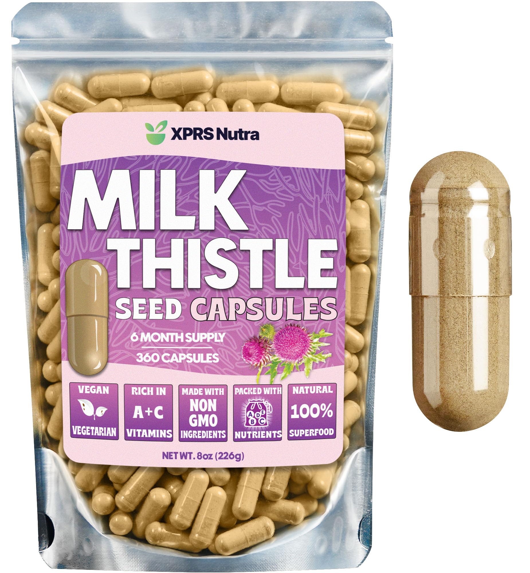 XPRS Nutra Milk Thistle bottle on a kitchen counter, with potential liver support benefits.