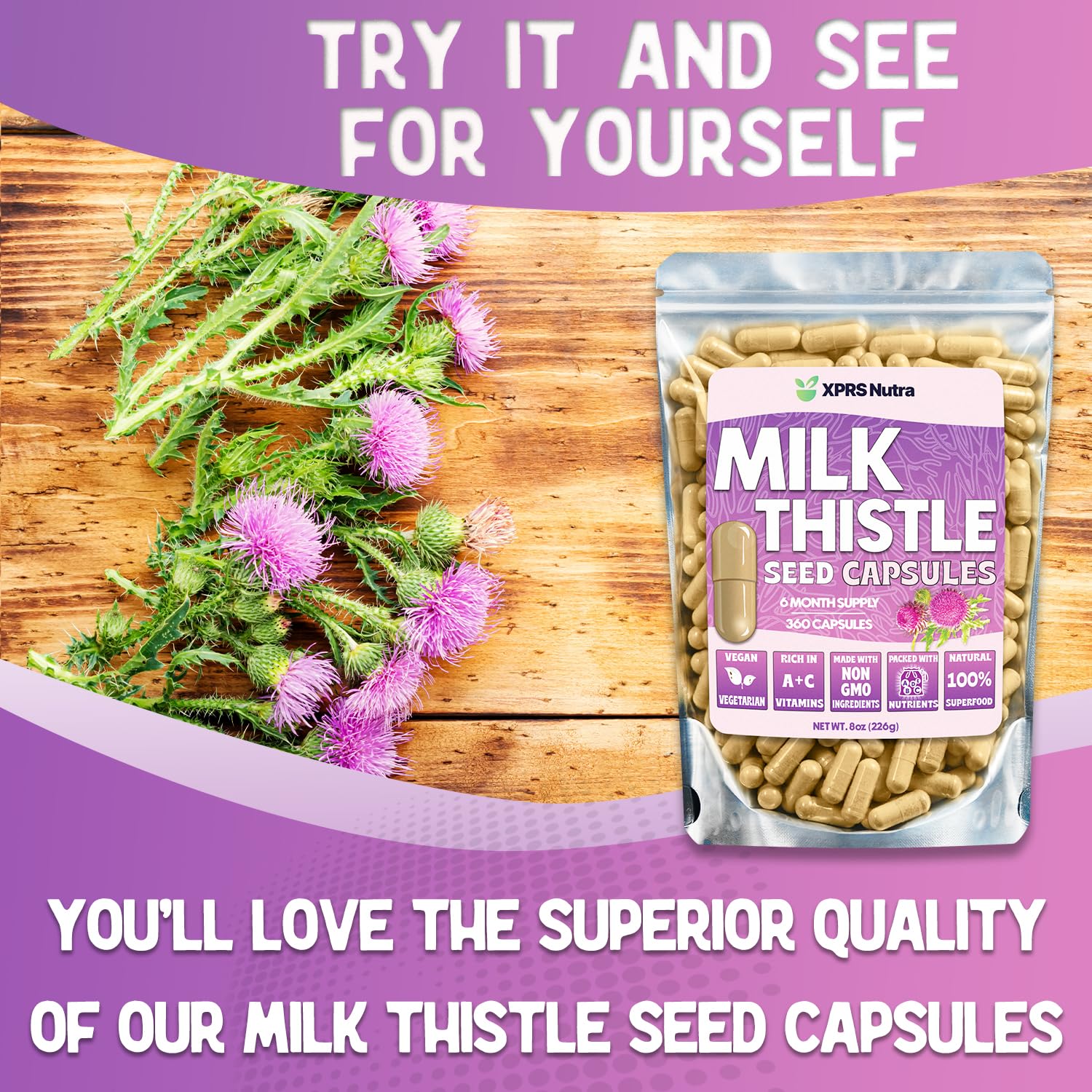 XPRS Nutra Milk Thistle bottle beside a healthy breakfast setup, signaling morning intake.