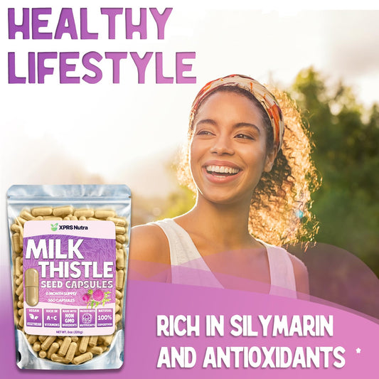 XPRS Nutra Milk Thistle capsules close-up, highlighting silymarin-rich formula for digestive comfort.