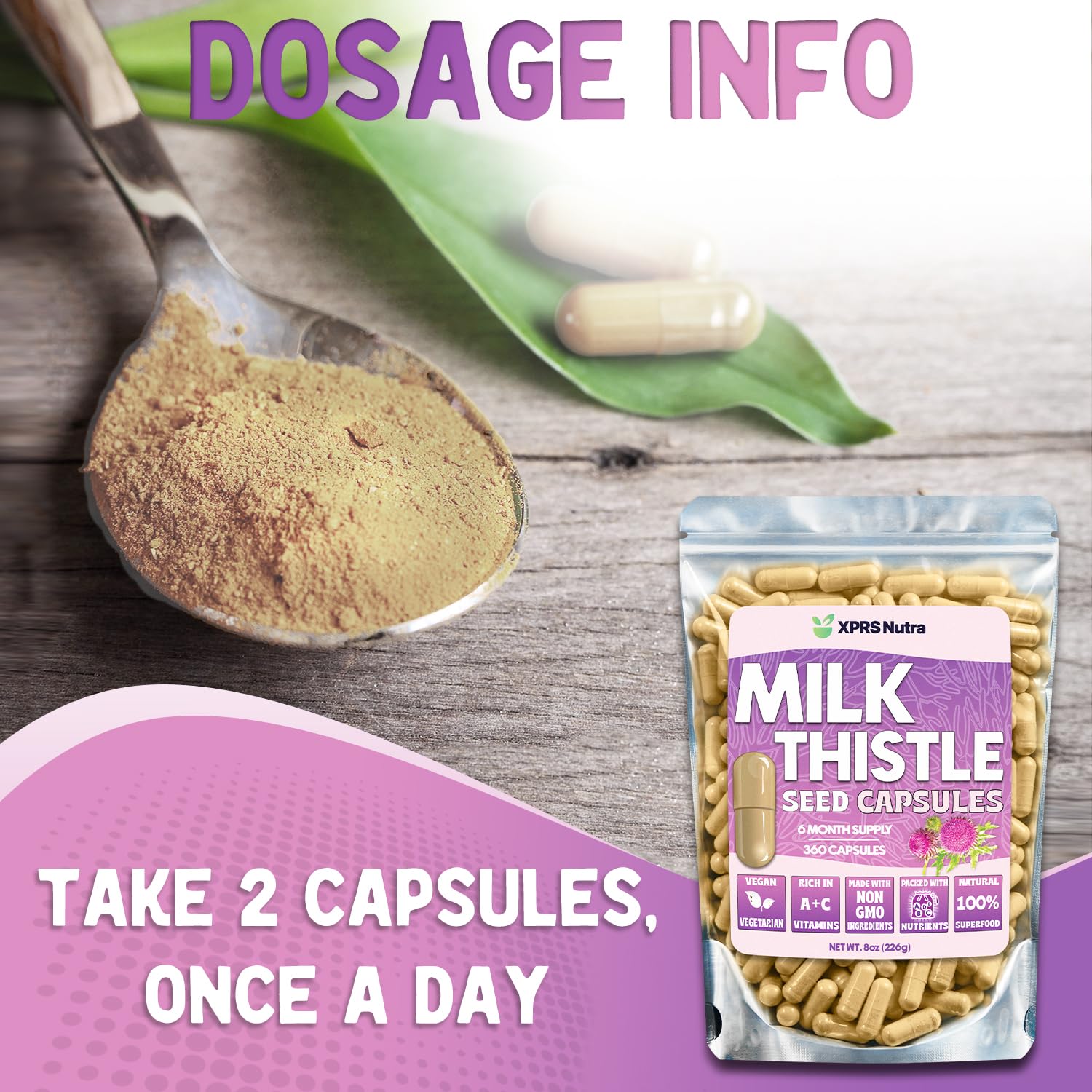 XPRS Nutra Milk Thistle capsule on desk with a notebook, representing routine supplementation.