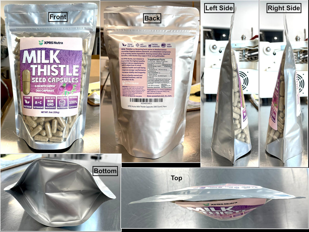 XPRS Nutra Milk Thistle capsules in hand, suggesting convenient daily wellness support.