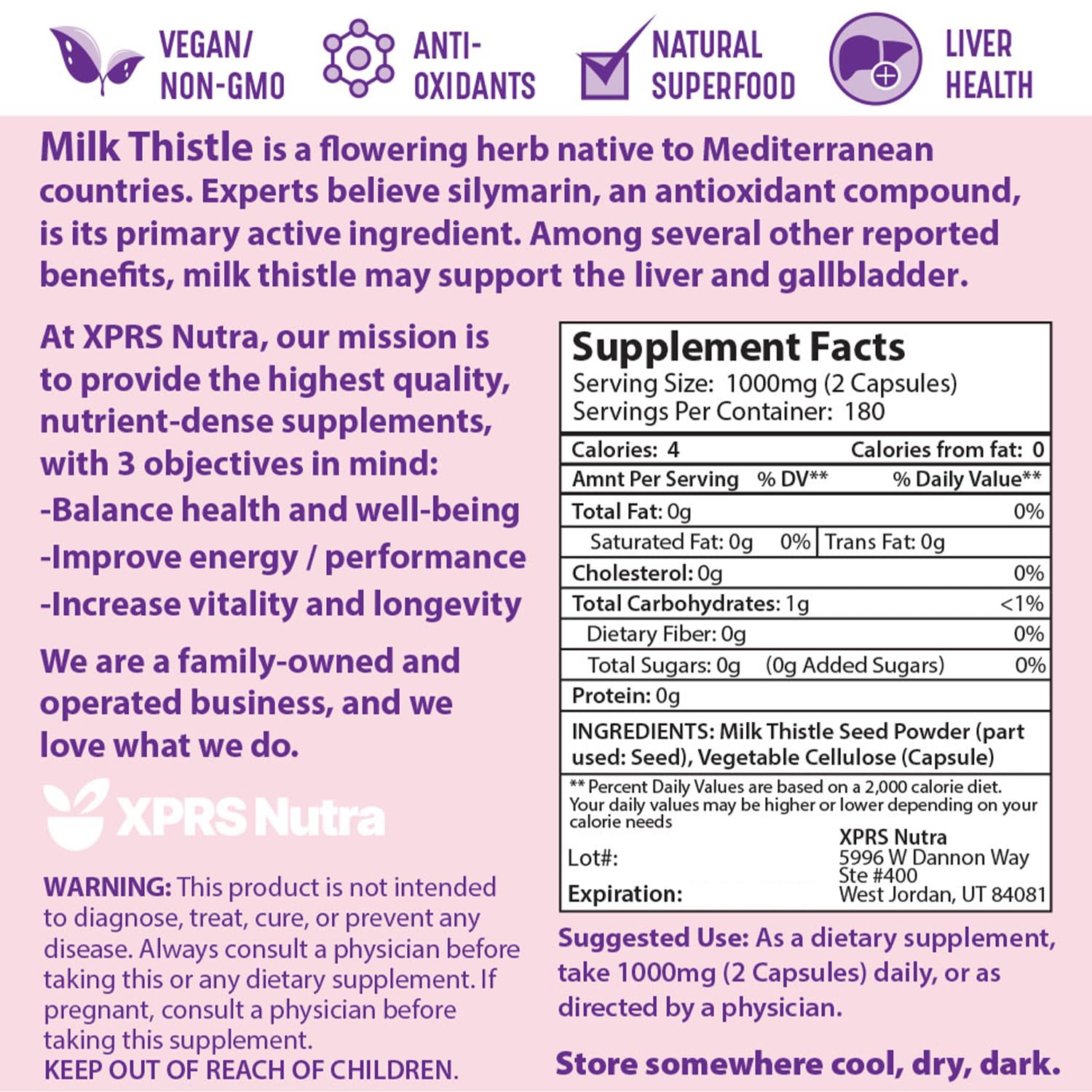 XPRS Nutra Milk Thistle label close-up, emphasizing non-GMO and premium sourcing.