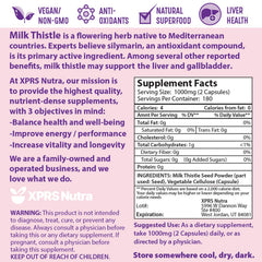 XPRS Nutra Milk Thistle label close-up, emphasizing non-GMO and premium sourcing.