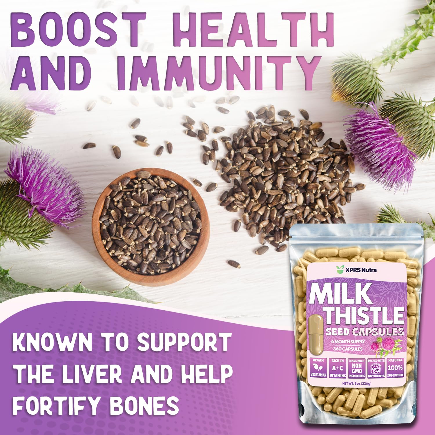 XPRS Nutra Milk Thistle capsules pouring into a glass, suggesting easy daily use.
