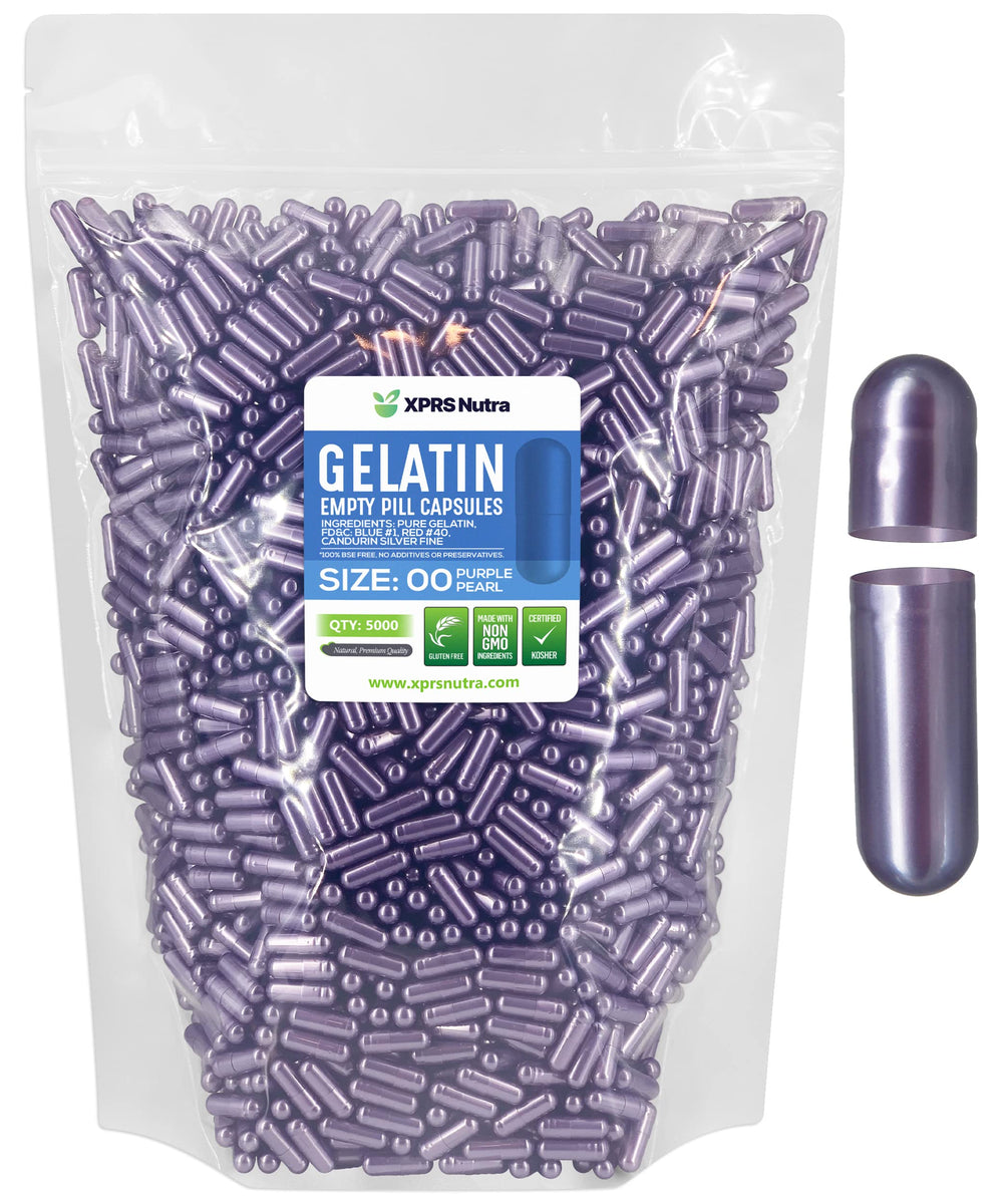 XPRS Nutra Size 00 empty capsules in purple pearl, ideal for precise DIY fillings.