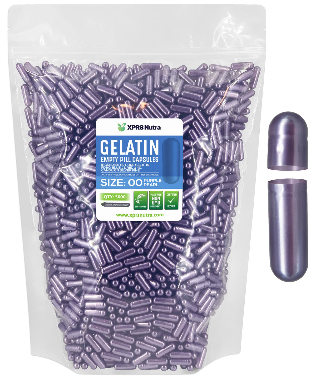 XPRS Nutra Size 00 empty capsules in purple pearl, ideal for precise DIY fillings.