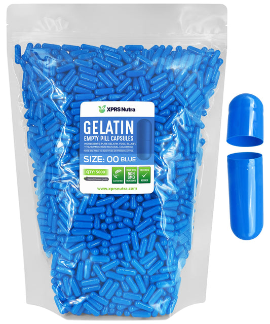 XPRS Nutra Size 00 empty capsules in blue packaging, easy to fill.