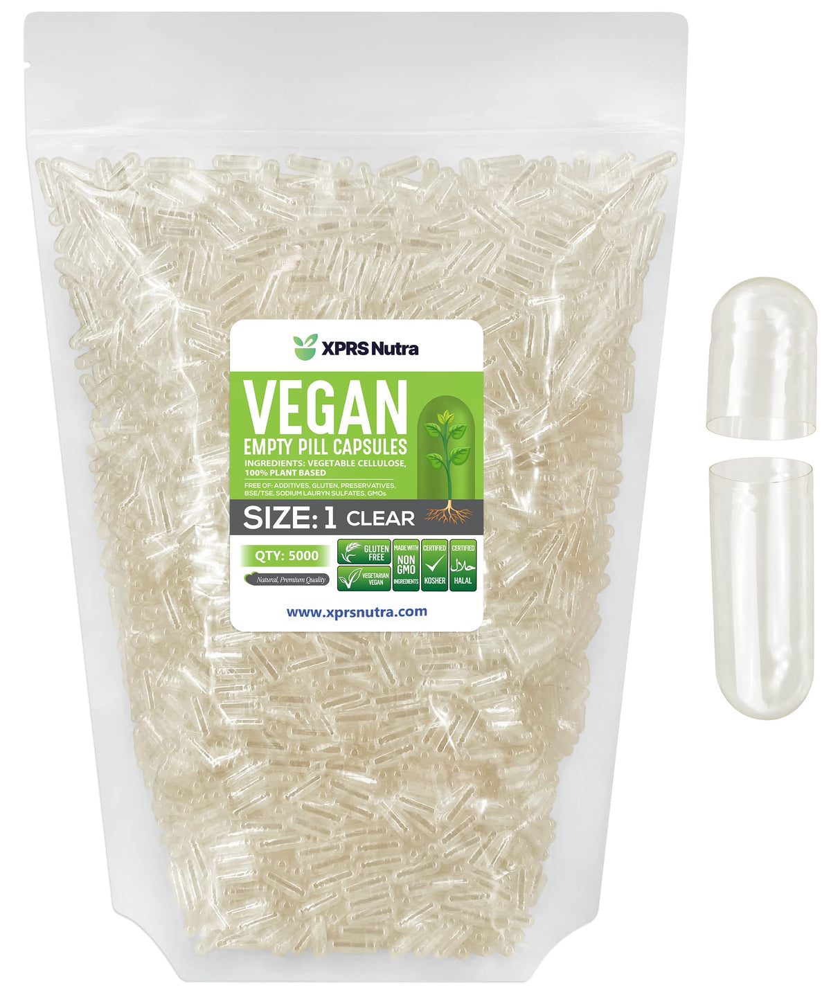 XPRS Nutra Size 1 empty capsules, clear for precise filling and dosage control.