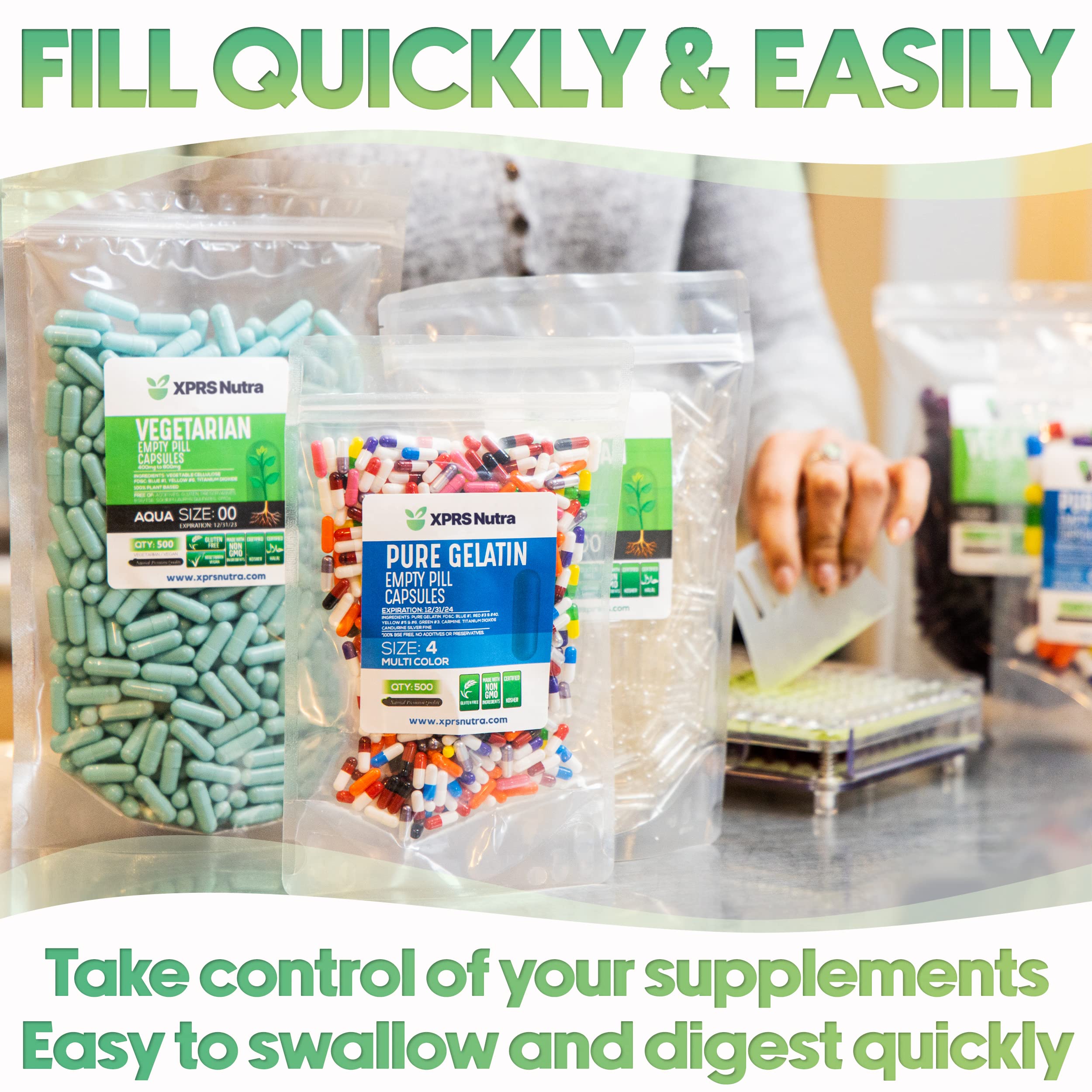 XPRS Nutra Size 2 empty capsules ready for precision filling with powders and herbs.