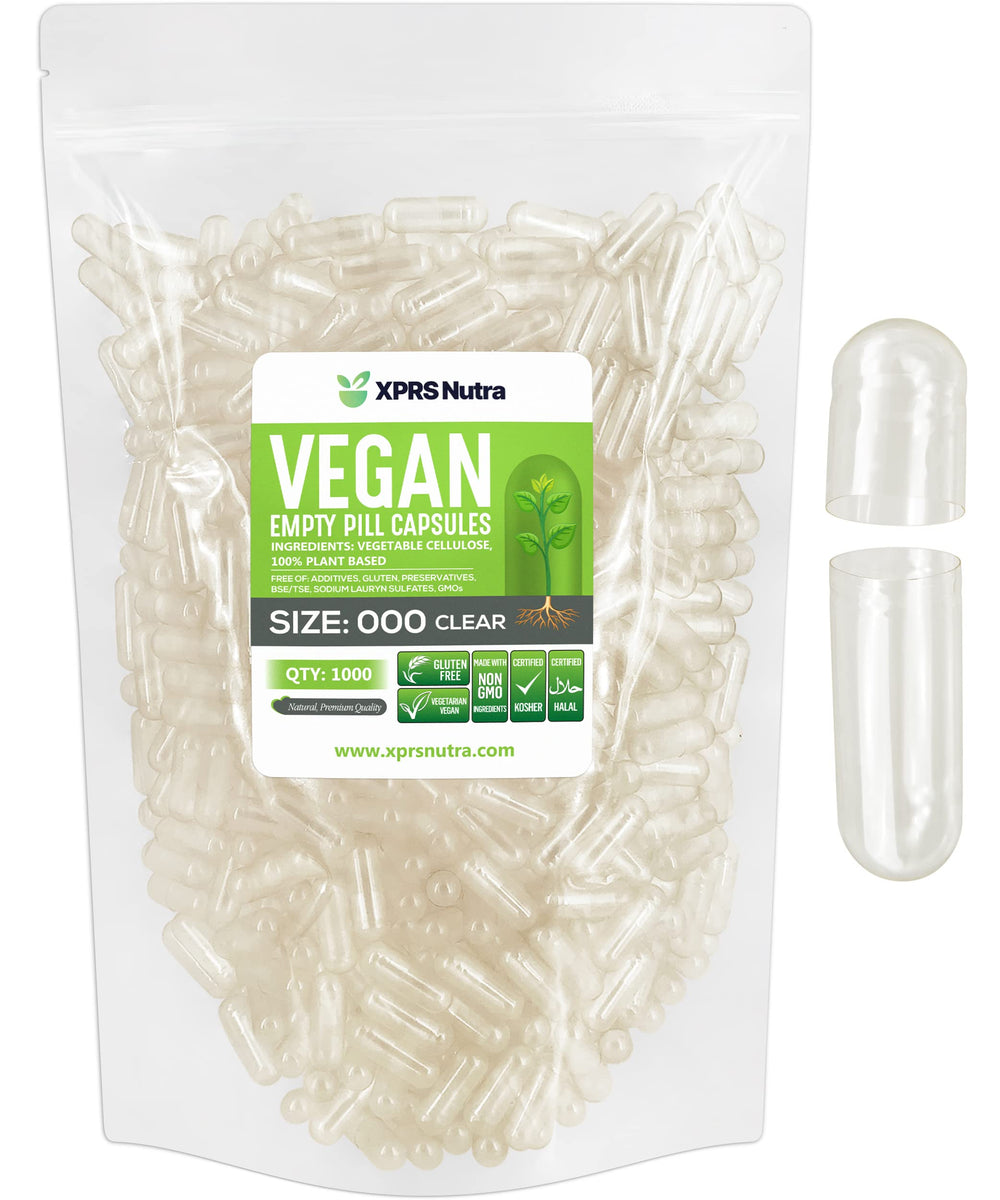 XPRS Nutra vegan size 000 empty capsules in clear shells for precise DIY filling