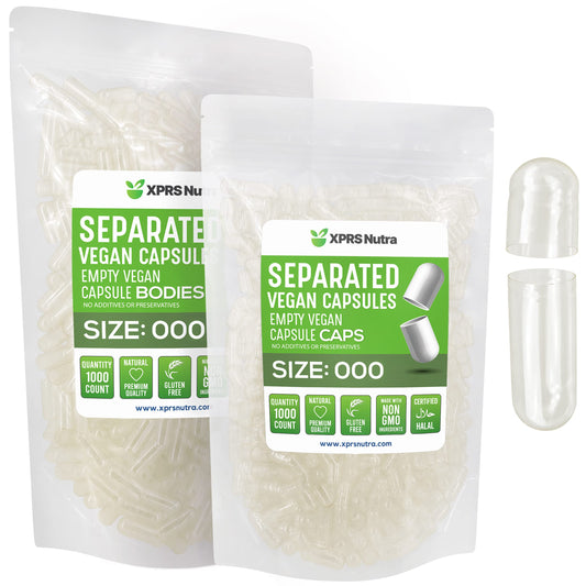 XPRS Nutra vegan size 000 separated capsules in bag front, ready for DIY filling.