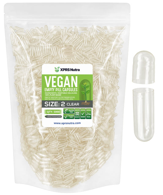 XPRS Nutra size 2 empty capsules with clear shells for precise filling.