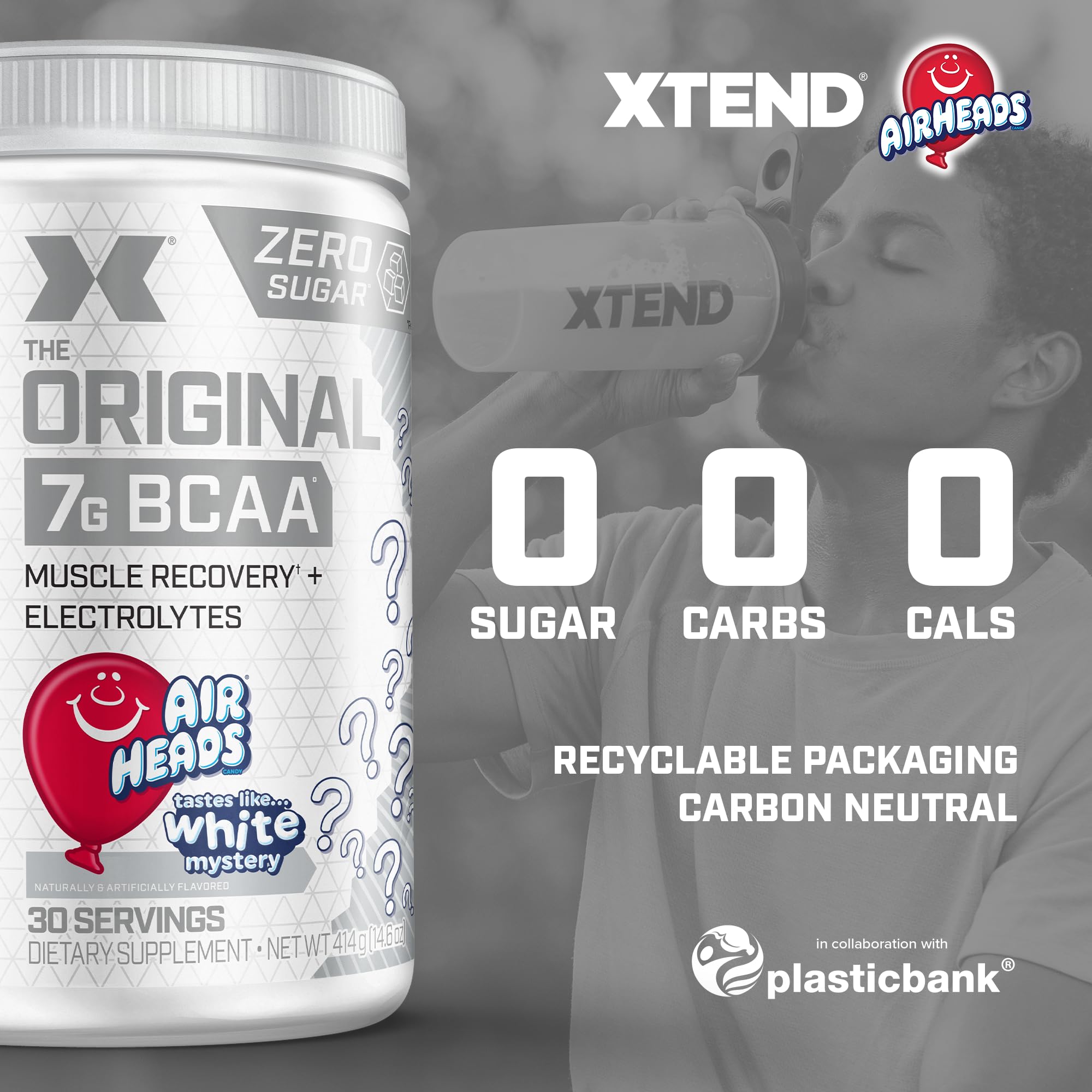 Xtend Airheads Candy bottle side view emphasizes convenient gym packaging.
