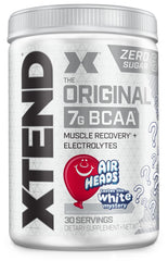 Xtend Airheads Candy powder jar shows the sugar-free BCAA mix for workouts.