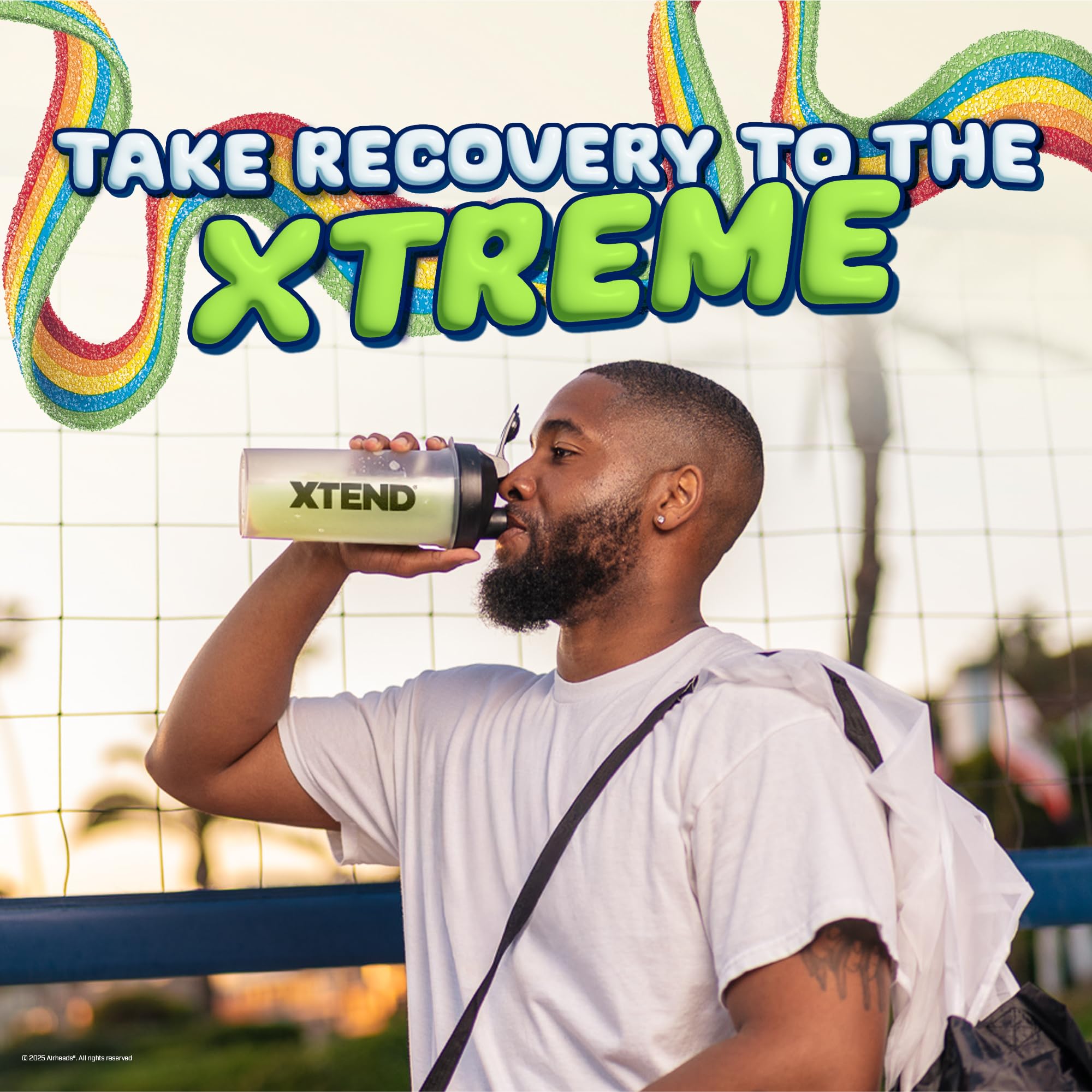 Xtend AirHeads Xtremes Rainbow Berry bottle with flavor-filled recovery drink.