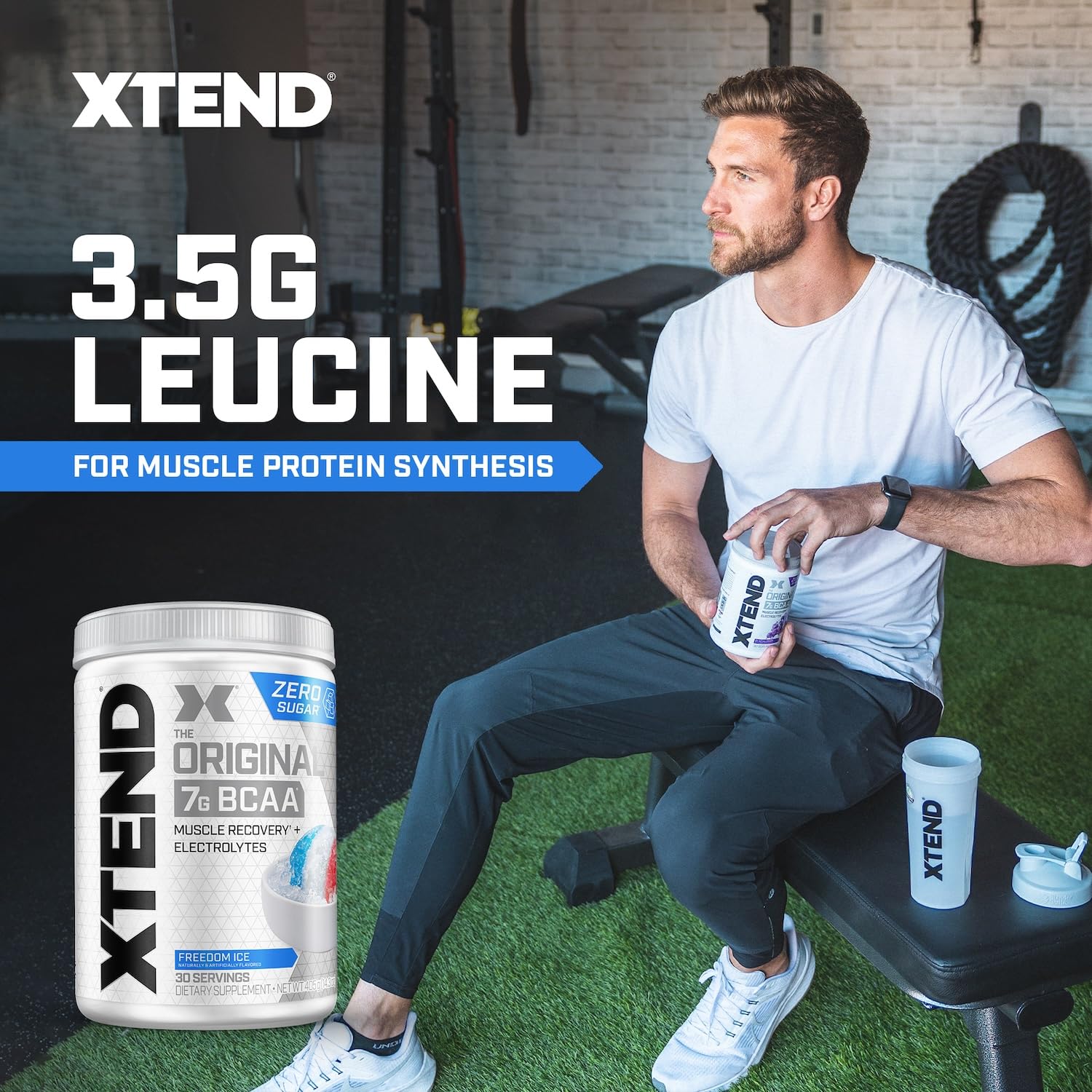 Scoop and tub of Xtend Original BCAA powder for easy serving
