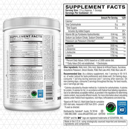 Xtend Original BCAA Powder bottle close-up highlighting 7g BCAAs for muscle recovery.