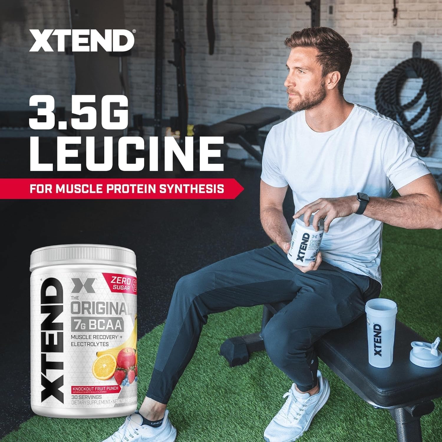 Xtend powder dissolving in water with a glass and ice illustrating hydration.