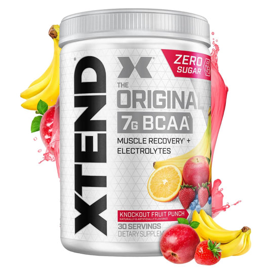 Xtend Original BCAA Powder bottle on countertop showing sugar-free recovery support.