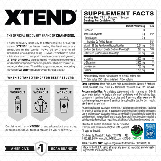 Xtend Original BCAA label close-up highlighting Mango Madness flavor and clean formula.