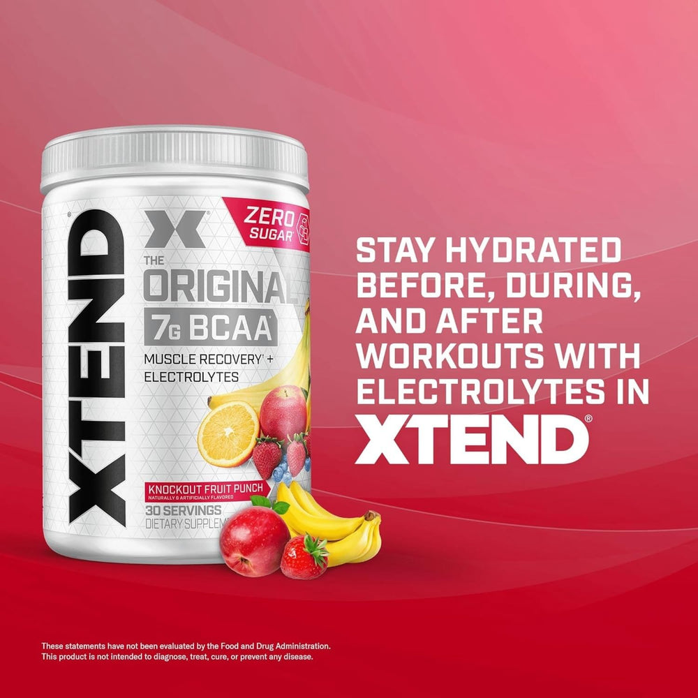 Xtend Original BCAA scoop beside powder suggesting easy mixing for workouts.