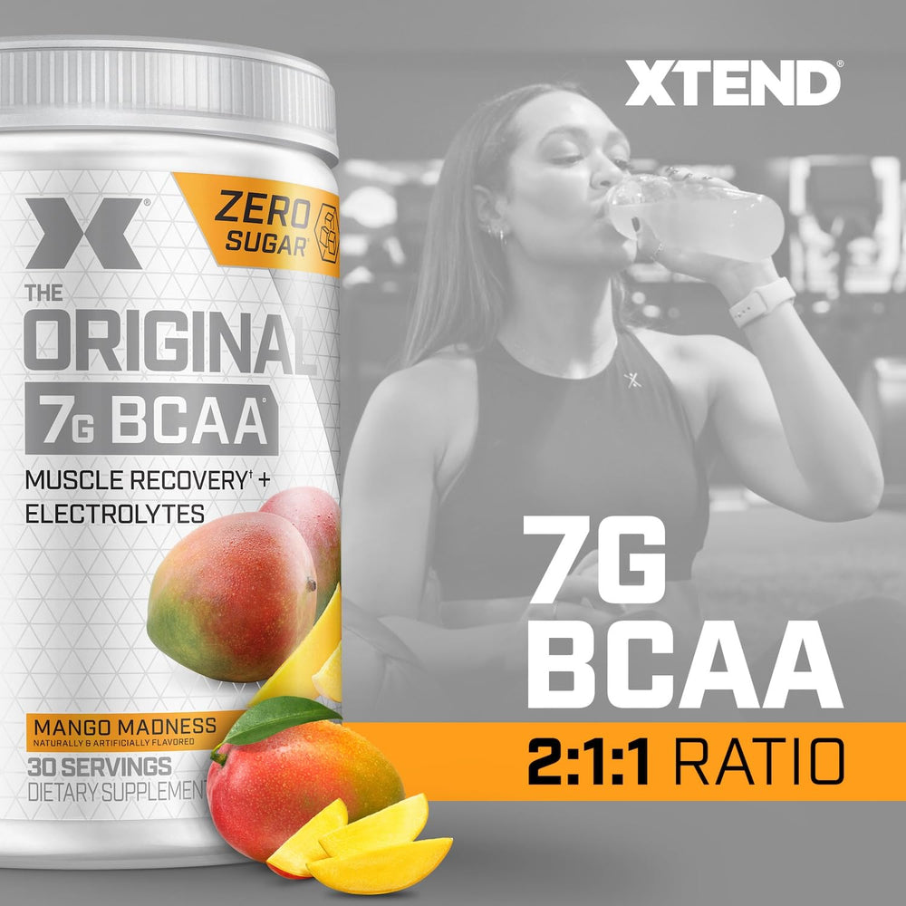 Xtend Original BCAA powder serving in a glass with ice shows on-the-go hydration.