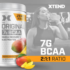 Xtend Original BCAA powder serving in a glass with ice shows on-the-go hydration.
