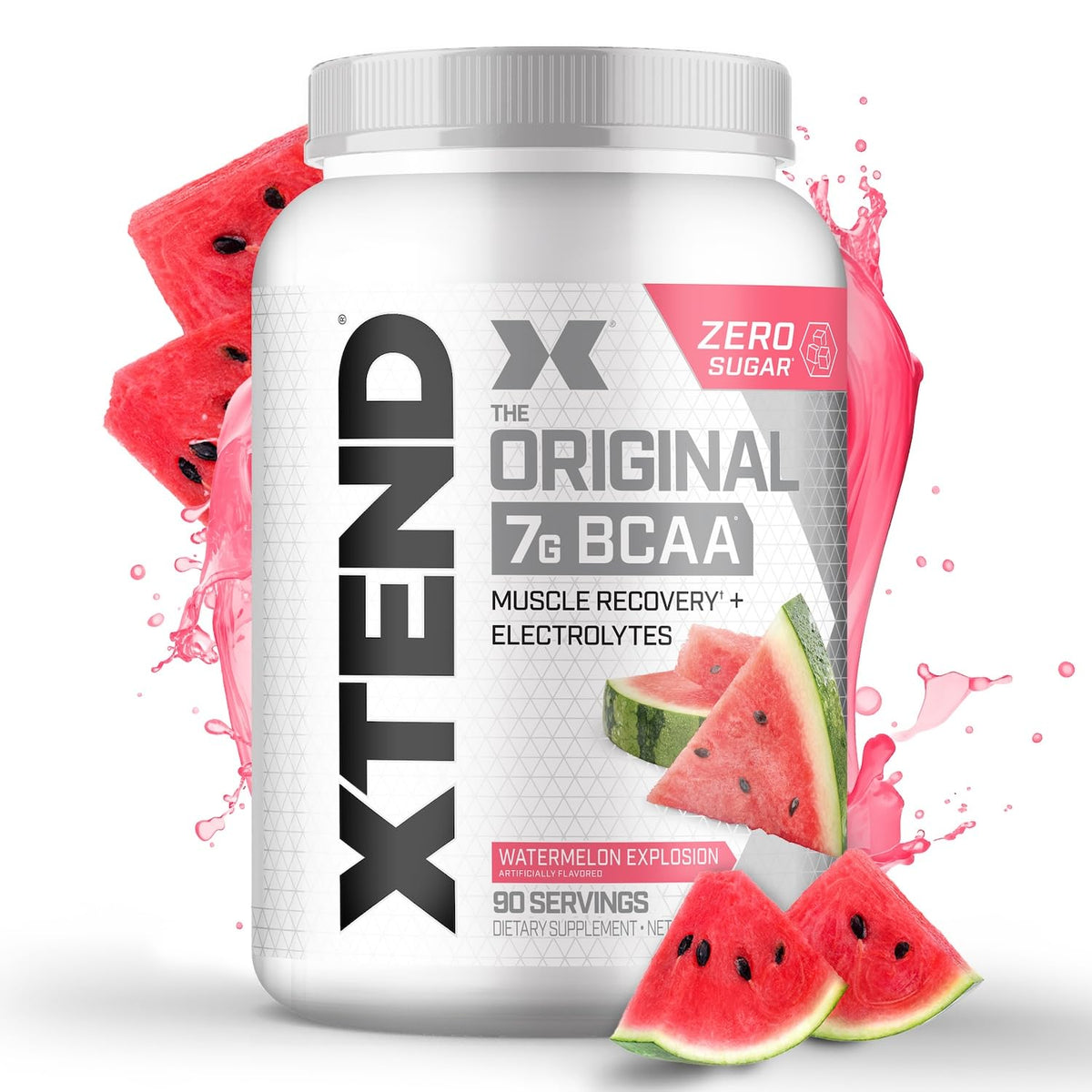 Xtend Original BCAA bottle highlighting 7g BCAAs and hydration electrolytes.