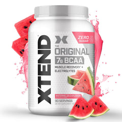 Xtend Original BCAA bottle highlighting 7g BCAAs and hydration electrolytes.