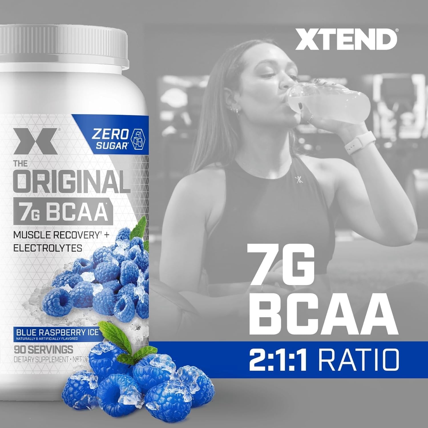 Xtend Original BCAA label close-up highlighting hydration and recovery benefits.