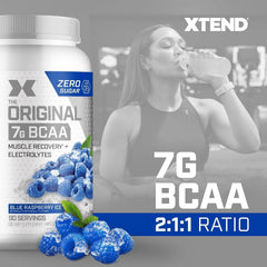 Xtend Original BCAA label close-up highlighting hydration and recovery benefits.