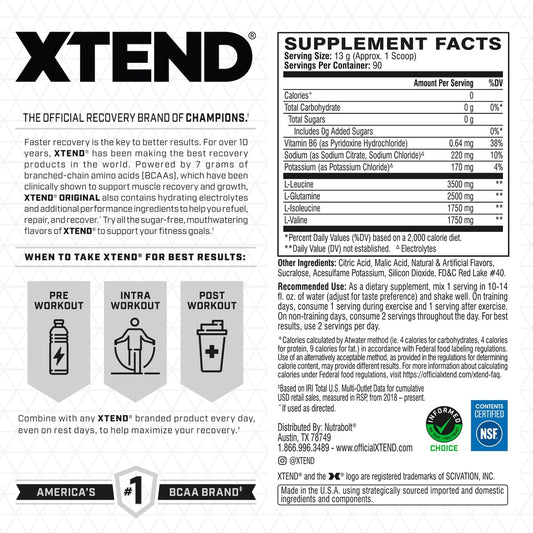 Xtend Original BCAA Strawberry Kiwi Splash glass shows easy mixing for lean muscle support