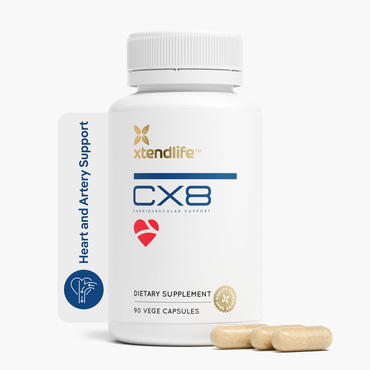 Xtendlife CX8 bottle front view showcasing heart health formula.