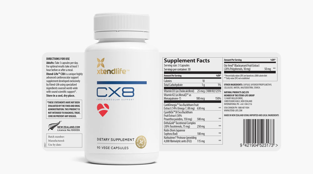 Xtendlife CX8 packaging box emphasizing eight premium ingredients.