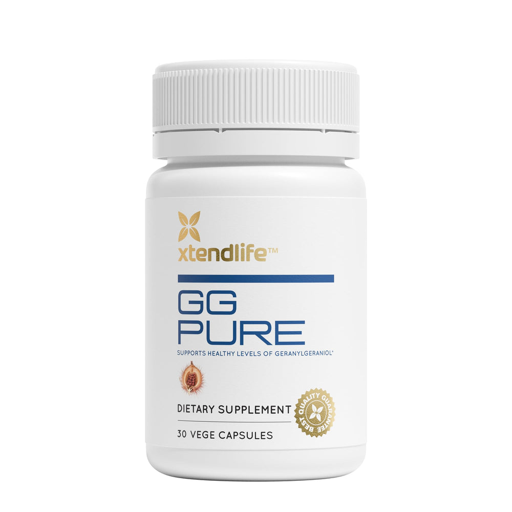 Xtendlife GG Pure bottle label shows statin-friendly formula and key ingredients.