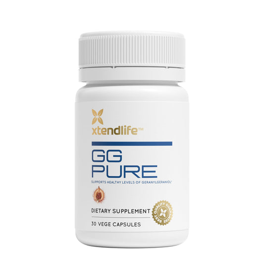 Xtendlife GG Pure bottle label shows statin-friendly formula and key ingredients.