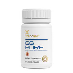 Xtendlife GG Pure bottle label shows statin-friendly formula and key ingredients.
